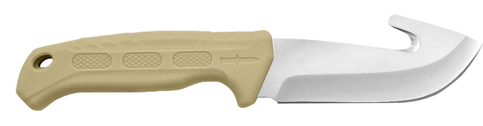 Camillus Roto Fixed Gut Hook Blade 4" Plain Satin Titanium Bonded 420 Steel, Tan Polypropylene/TPR Handle and Ballistic Nylon Sheath