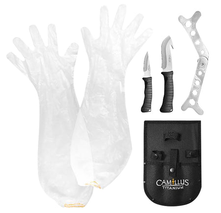 Camillus 5-Piece Essential Hunting Kit Fixed Caper/Gut Hook Titanium Nitride Coated Blades, Includes Sheath and Cleaning Gloves