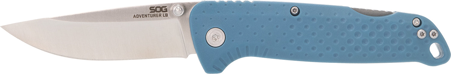 SOG SOG13110343 Adventure LB 3.50in Folding Drop Point Satin Stainless Blade Nordic Blue GRN Handle