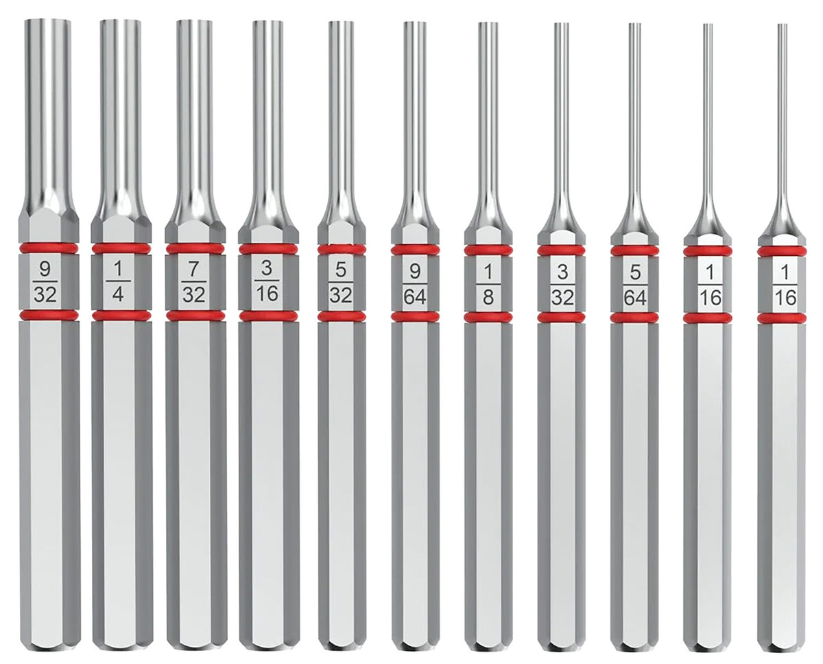Real Avid AVAPKS Accu-Punch Standard Pin Punch Set 11 Pieces Silver Hardened Steel with O-Ring Grips