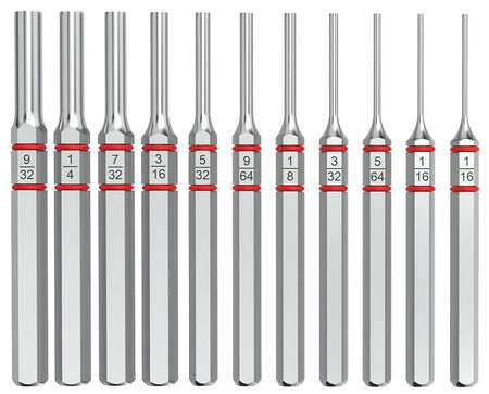 Real Avid AVAPKS Accu-Punch Standard Pin Punch Set 11 Pieces Silver Hardened Steel with O-Ring Grips