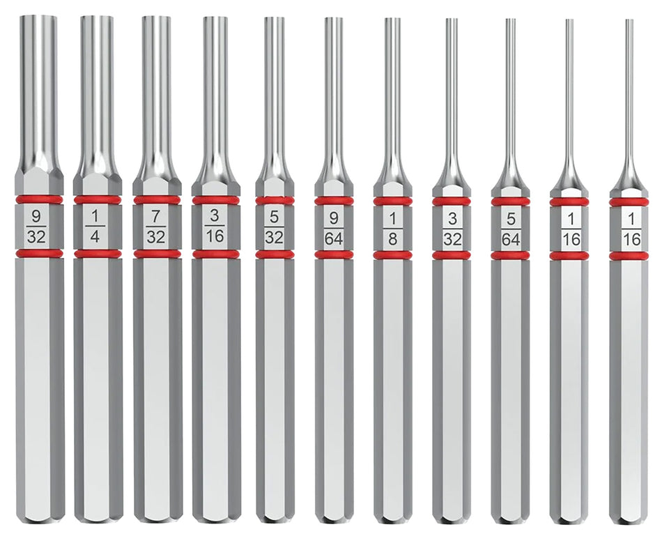Real Avid AVAPKS Accu-Punch Standard Pin Punch Set 11 Pieces Silver Hardened Steel with O-Ring Grips