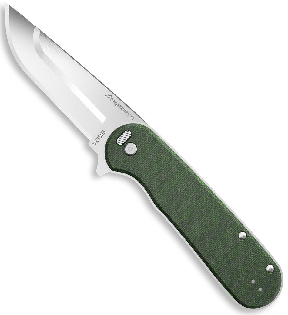 Outdoor Edge VX330B Razor VX3 3" Folding EDC Drop Point Knife Satin SS Blade with Green Micarta Handle