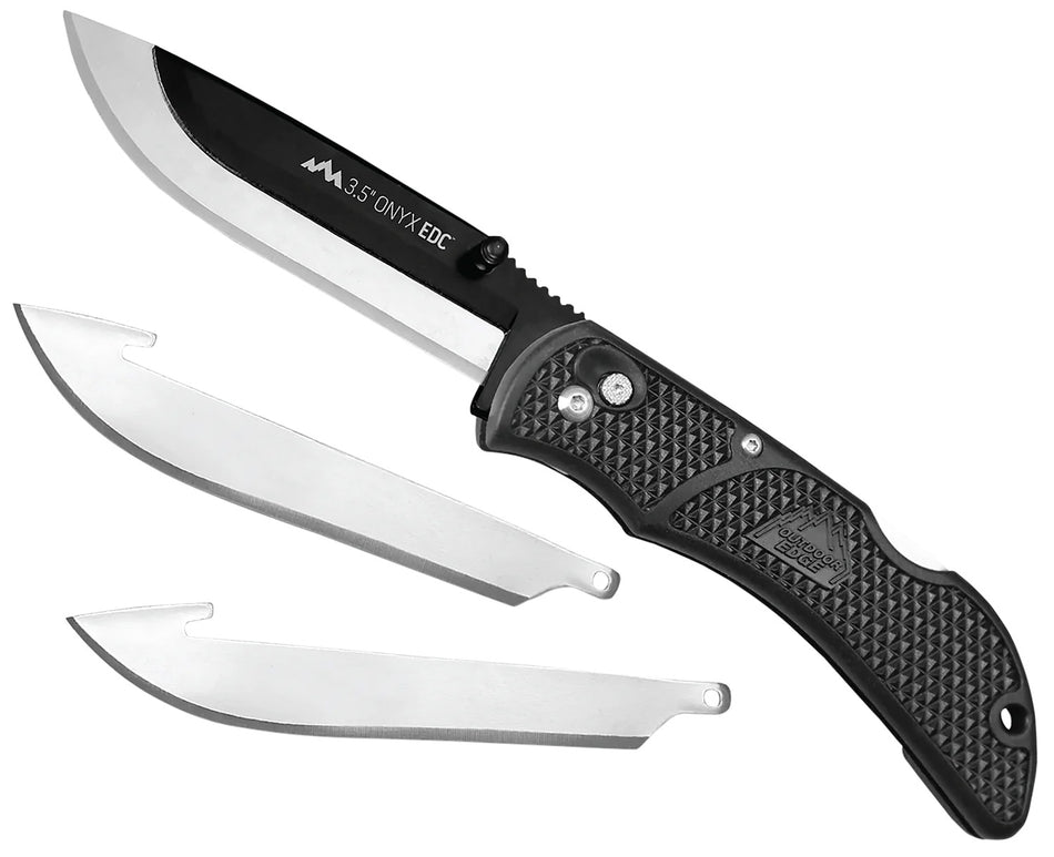 Outdoor Edge OX10C Onyx 3.50" Folding 3-Blade Replaceable Blade Knife 420J2 SS Black Grivory Handle