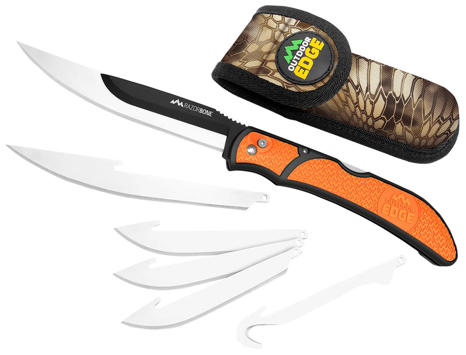 Outdoor Edge RBB20C RazorBone Folding 6-Blade Set – Gut Hook, Drop Point & Fillet in Blaze Orange Grivory Handle
