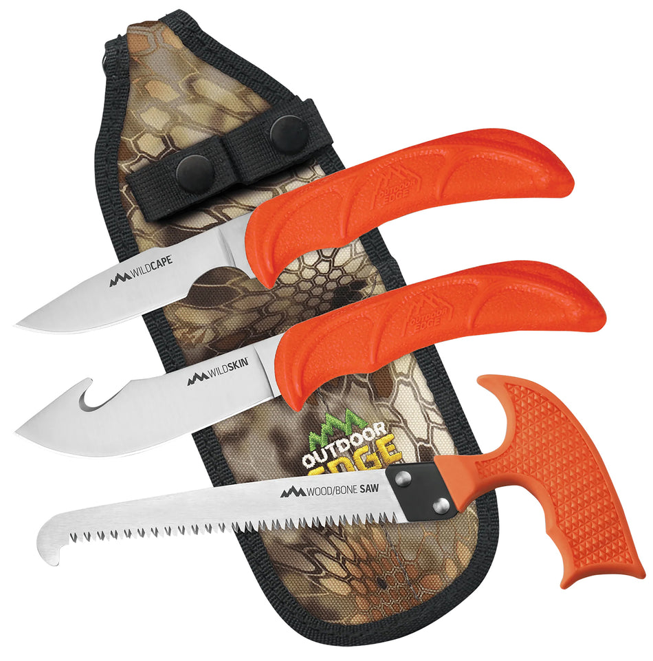 Outdoor Edge WG10C WildGuide Fixed-Blade Hunting Knife Set – Caper, Saw & Skinner w/Gut Hook, Blaze Orange