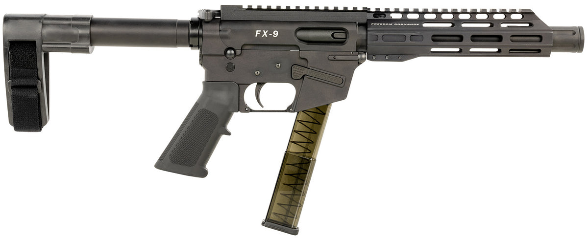 Freedom Ordnance FX9P8SBM FX9 9mm Luger Pistol, 31+1 Capacity, 8" Black Nitride Steel Barrel, M-LOK Handguards, Black SB Mini Brace, AR15 Grip