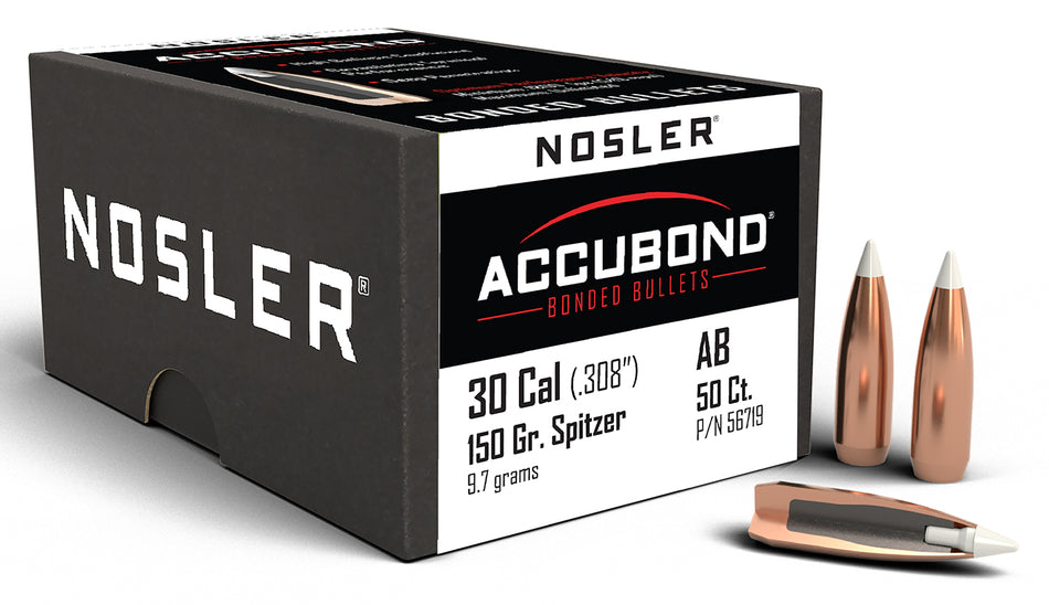 Nosler AccuBond .30 Caliber 150gr Spitzer Boat Tail Big Game Bullets Box of 50