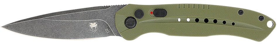 CobraTec ODGDIABLOAUTO Diablo 3.50" Side Button Auto Folder Black Stonewash D2 Blade OD Green G10 Scales