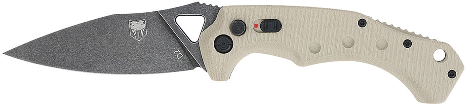 CobraTec Knives Ryker 3.75" Side Button Auto Folder Black Stonewash D2 Blade, Tan Textured G10 Handle