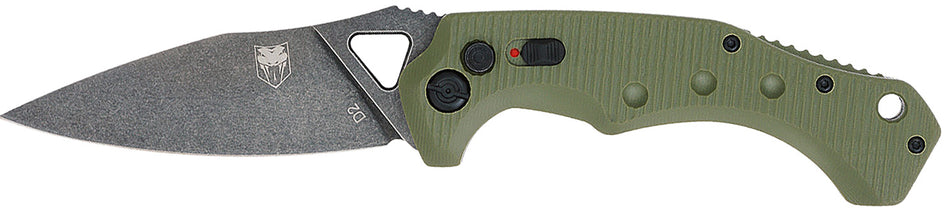 CobraTec Knives Ryker 3.75" Side Button Auto Folder Black Stonewash D2 Blade, OD Green Textured G10 Handle