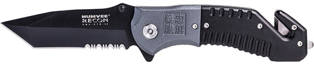 Humvee HMVKTR08 Tactical Recon Folding Knife Part Serrated Stainless Steel Blade Black Gray Handle Glass Breaker Seatbelt Cutter