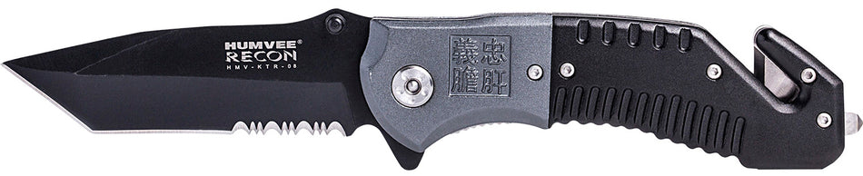Humvee HMVKTR08 Tactical Recon Folding Knife Part Serrated Stainless Steel Blade Black Gray Handle Glass Breaker Seatbelt Cutter