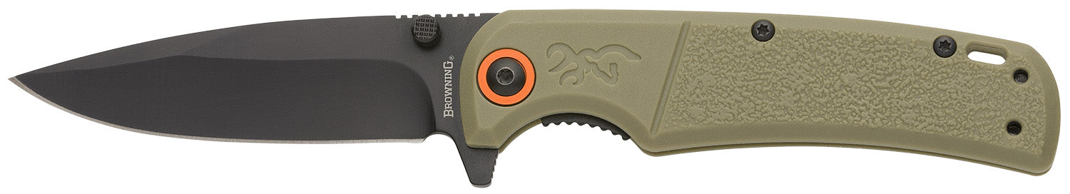 Browning Buckmark Slim EDC Folding Knife 3.13" Drop Point Plain Black Oxide D2 Steel, Sage Textured Polymer Handle