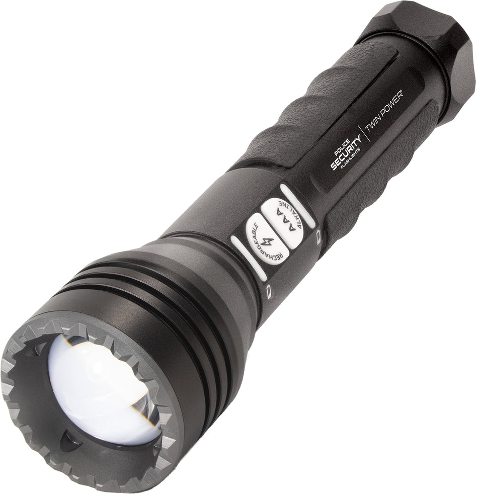 Lb Marketing 97741 Twin Power Long Throw Black 450/220 Lumens White LED Dual Power Flashlight