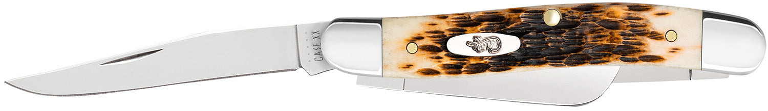 Case Stockman Medium Folding Pocket Knife #00042 – 3-Blade Mirror Polished SS, Peach Seed Jigged Amber Bone Handle