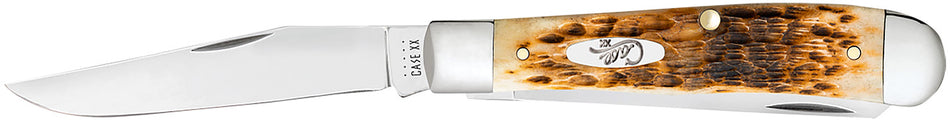 Case Trapper Medium Folding Pocket Knife #00164 – Clip/Spey Mirror Polished SS Blades, Peach Seed Jigged Amber Bone Handle