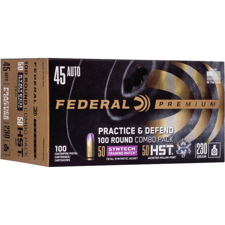 Federal .45 ACP/Auto P45HST2TM100 Premium Defense Syntech Practice & Defend HST JHP/Syntech TSJ 230 Grain