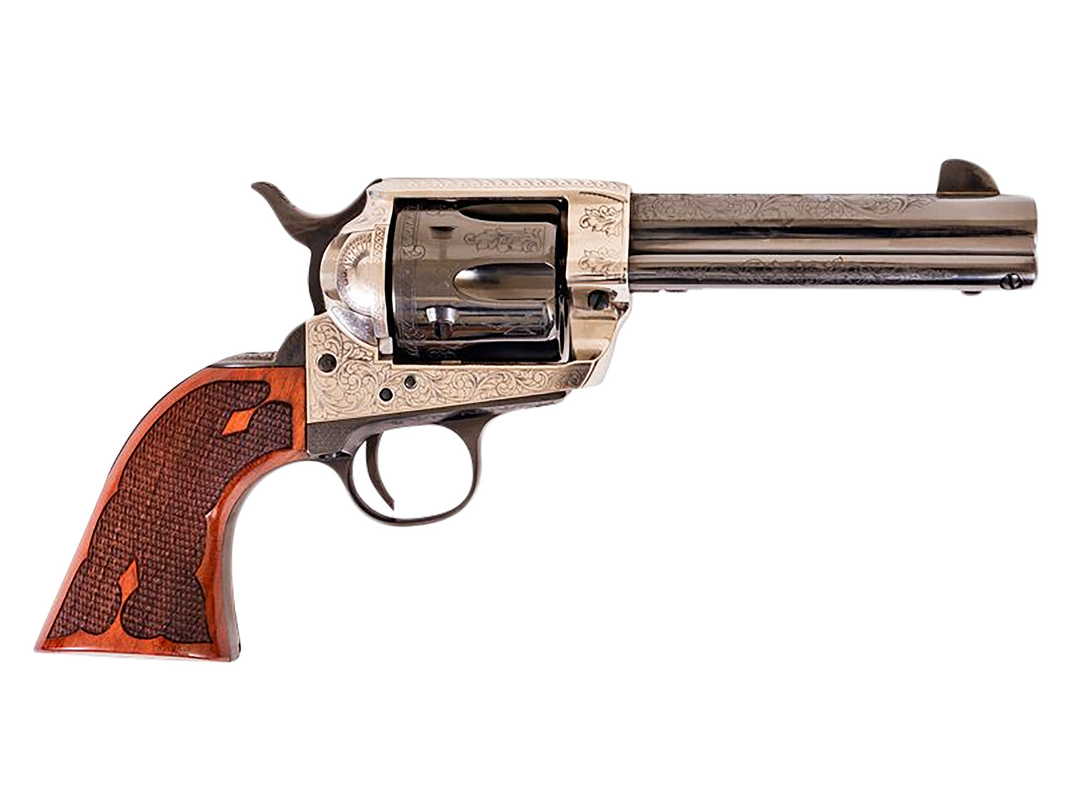 Cimarron PP400LSFW Frontier .357 Mag 6-Shot 4.75" Blued Revolver, Old Silver Engraved Frame, Checkered Walnut Grip
