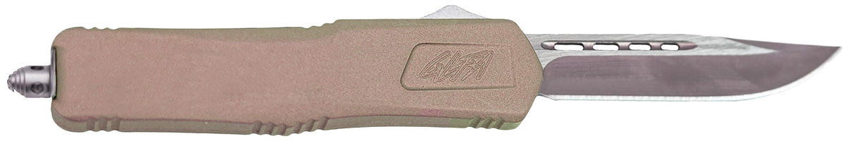 GLFA Medium 3.50" Out The Front Knife Plain Steel Blade Flat Dark Earth Cerakote Aluminum Handle