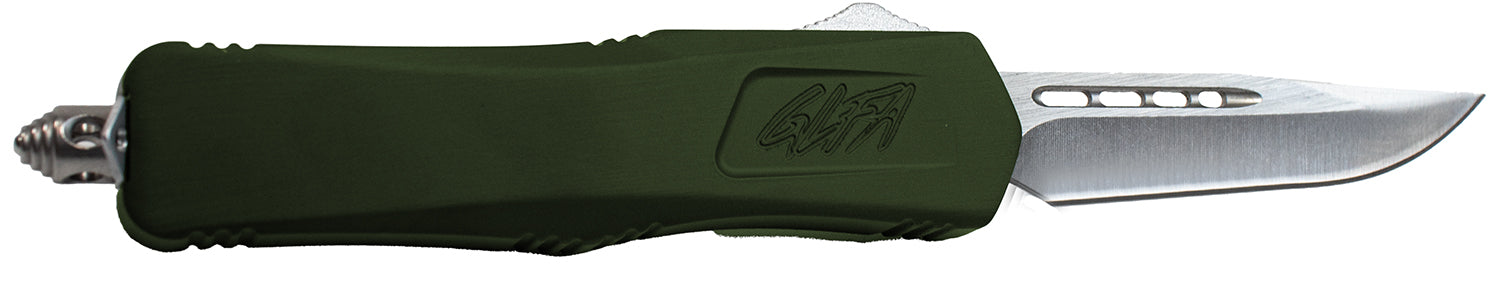 GLFA Medium 3.50" Out The Front Knife Plain Steel Blade OD Green Cerakote Aluminum Handle