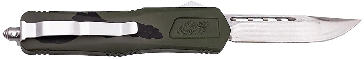 GLFA Medium 3.50" Out The Front Knife Plain Steel Blade Pursuit Green Camo Aluminum Handle