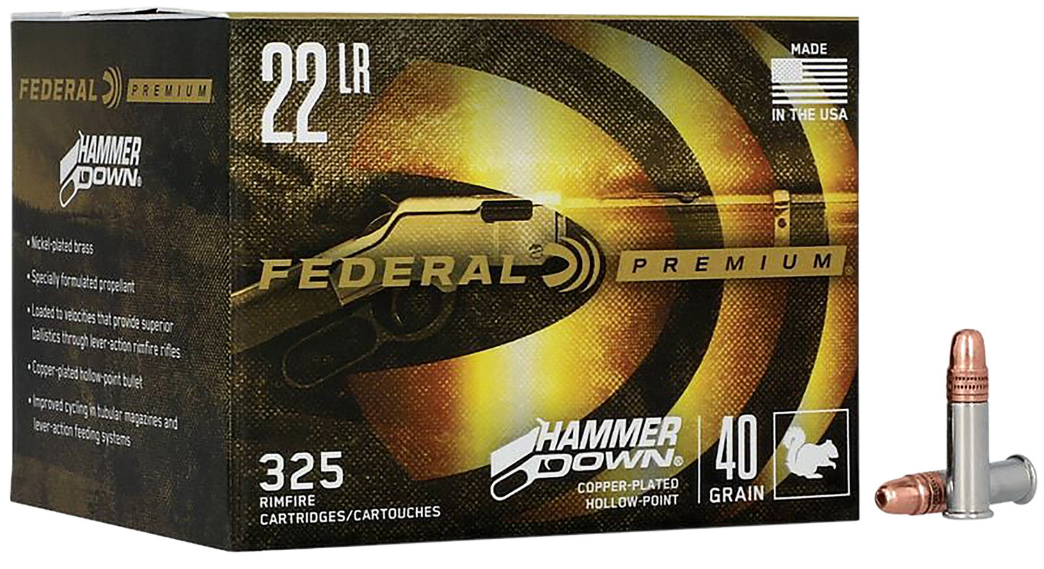 Federal .22 Long Rifle Rimefire Ammo HammerDown Plated Hollow Point JHP 40 grain 