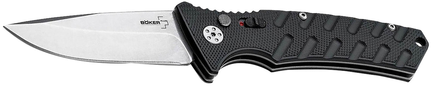 Boker Plus Strike Auto Folding Knife 3.35" Black Drop Point D2 Steel Aluminum Handle