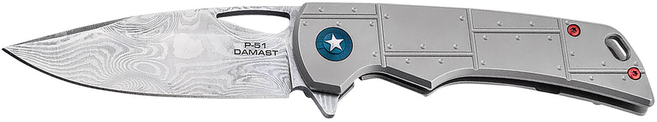 Boker Plus P-51 Damast Folding Knife 3.35" Acid Etch Damascus Blade Titanium Handle