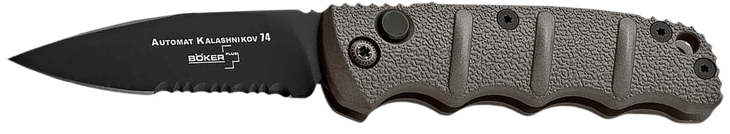 Boker 01KALS96 Kalashnikov Compact 2.52" Drop Point Combo Edge Black D2 Steel Blade Gray Aluminum Handle