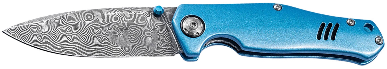 Boker Plus 111101DAM Damascus Blade Folder 3.15" Drop Point Blue Le Mans Aluminum Handle