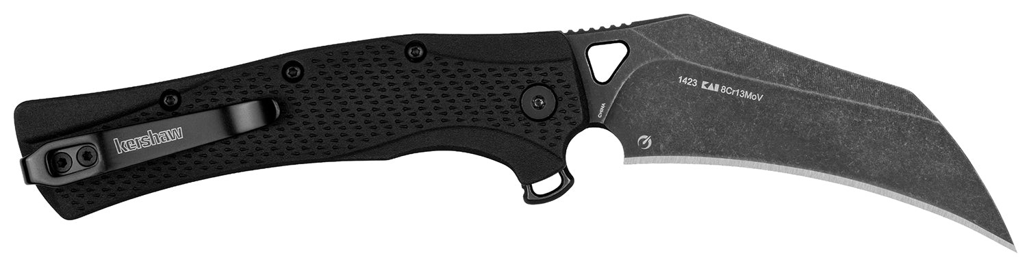 Kershaw Dawnstar 1423 Tactical Folder 3.50" Hawkbill Plain Blackwash Blade, Black Glass Filled Nylon Handle