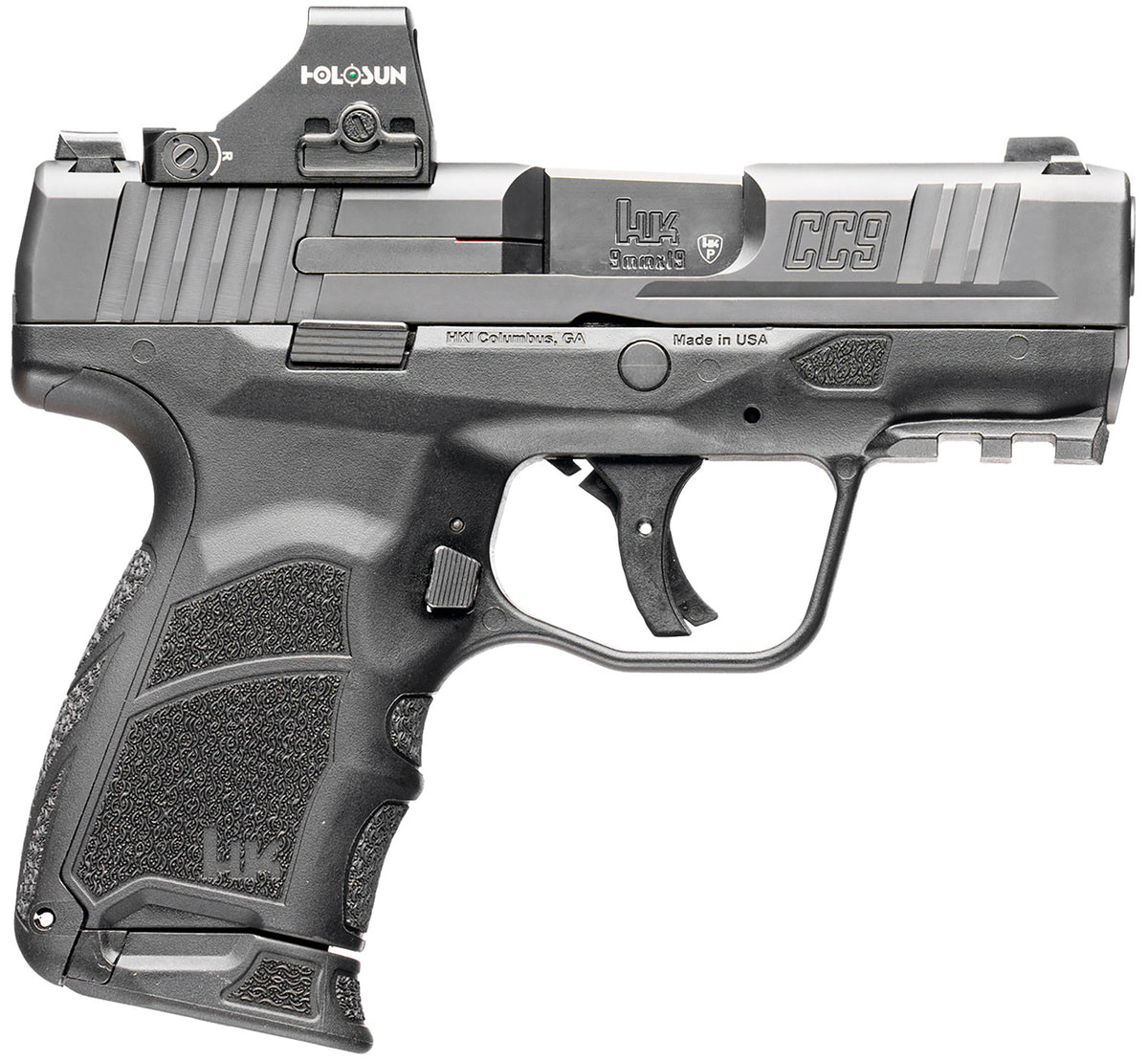 HK 81001131 CC9 9mm Luger 10+1/12+1 3.32" Black Polygonal Rifled Barrel, Optic Ready RMSc/407k Footprint/Serrated Steel Slide, Polymer Frame w/Picatinny Rail, Black Interchangeable Backstrap Grip