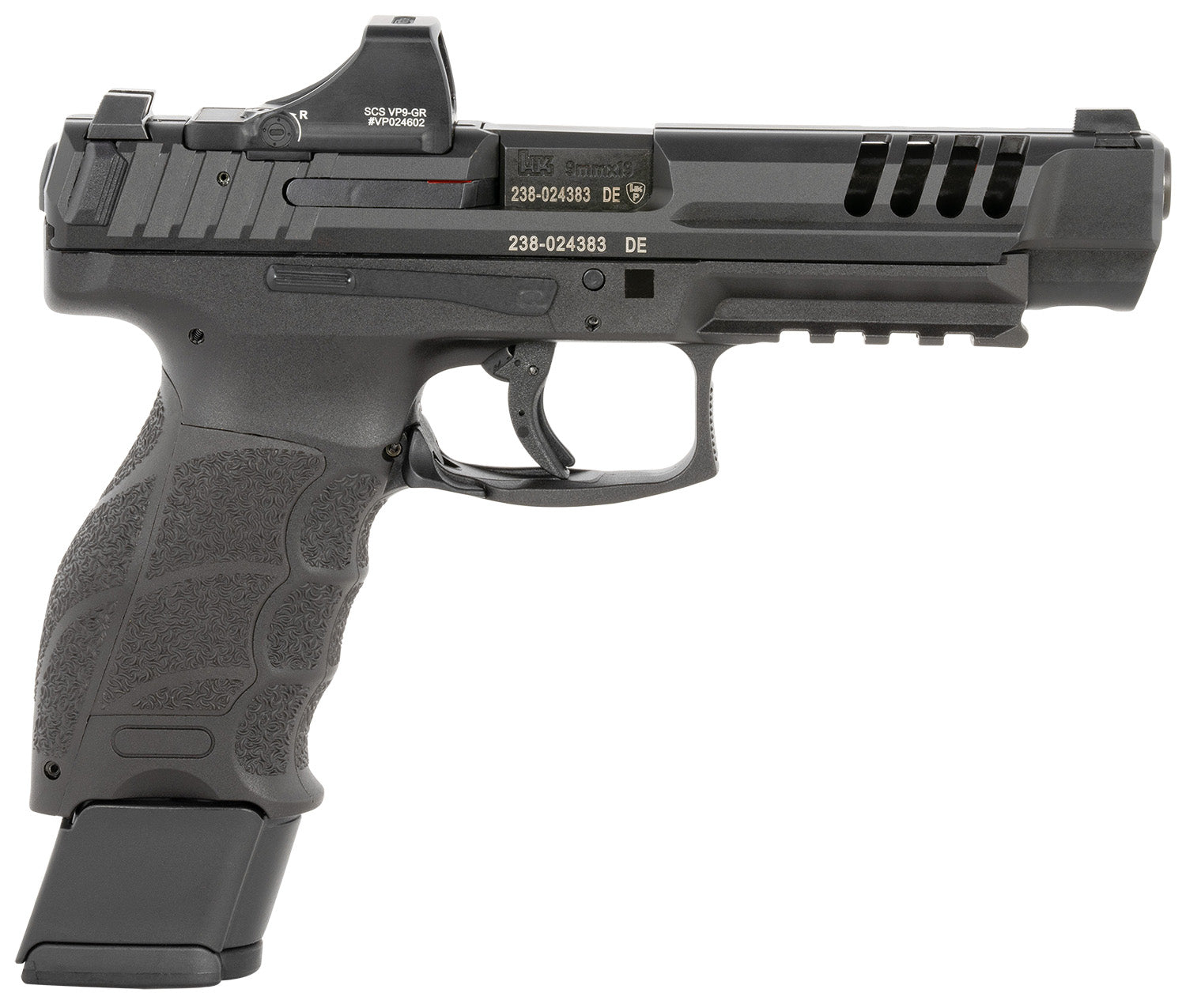 HK 81000877 VP9L SCS 9mm Luger 20+1 5" Black Polygonal Rifled Barrel, Long/Lightening Cuts/Optic Cut SCS Steel Slide, Polymer Frame w/Picatinny Rail, Black Interchangeable Backstrap Grip