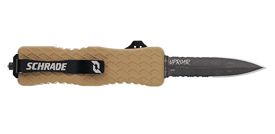 Schrade 1159305 Uproar Automatic OTF 3" Dagger Partially Serrated Black Oxide D2 Steel Blade Flat Dark Earth Aluminum Handle