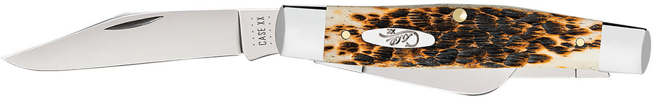 Case Large Stockman Folding Pocket Knife #00204 – 3-Blade Carbon Steel Mirror Polished, Peach Seed Jigged Amber Bone Handle