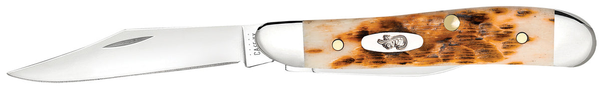 Case Peanut Folding Pocket Knife #00045 – Clip/Pen Mirror Polished SS Blades, Peach Seed Jigged Amber Bone Handle