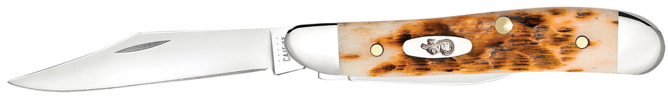 Case Peanut Folding Pocket Knife #00045 – Clip/Pen Mirror Polished SS Blades, Peach Seed Jigged Amber Bone Handle