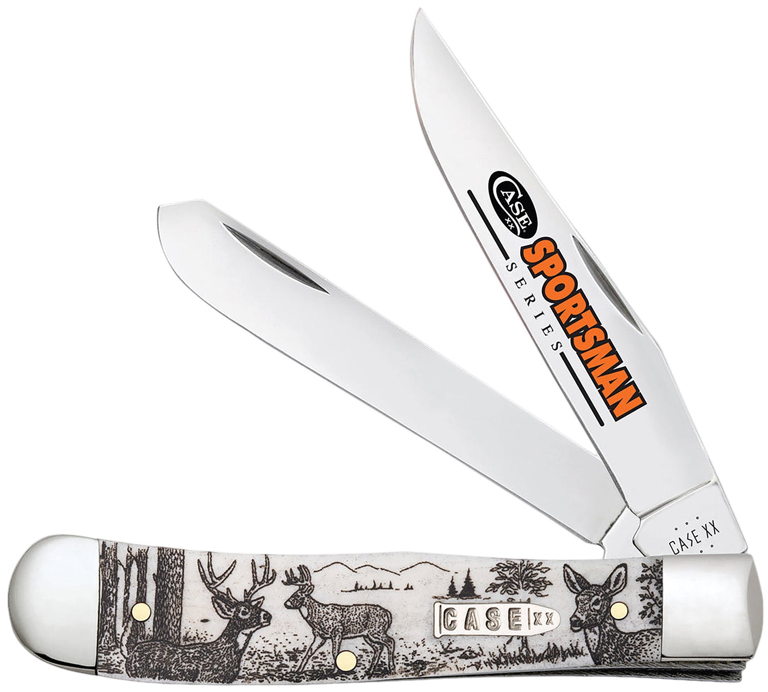 Case Trapper Sportsman Folding Pocket Knife #81220 – Clip/Spey Mirror Polished SS Blades, Deer Scene Natural Bone Handle