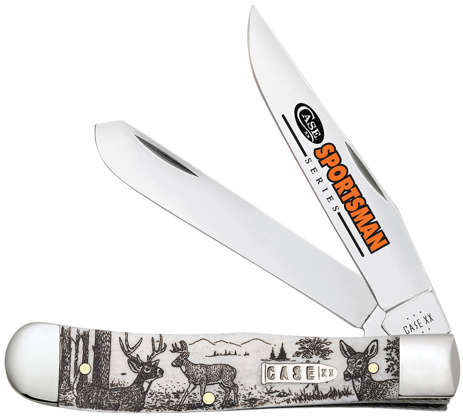 Case Trapper Sportsman Folding Pocket Knife #81220 – Clip/Spey Mirror Polished SS Blades, Deer Scene Natural Bone Handle