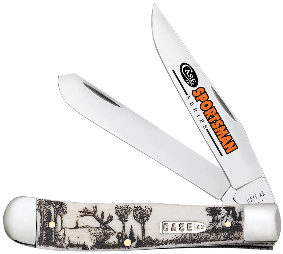 Case Trapper Sportsman Folding Pocket Knife #81222 – Clip/Spey Mirror Polished SS Blades, Elk Scene Natural Bone Handle
