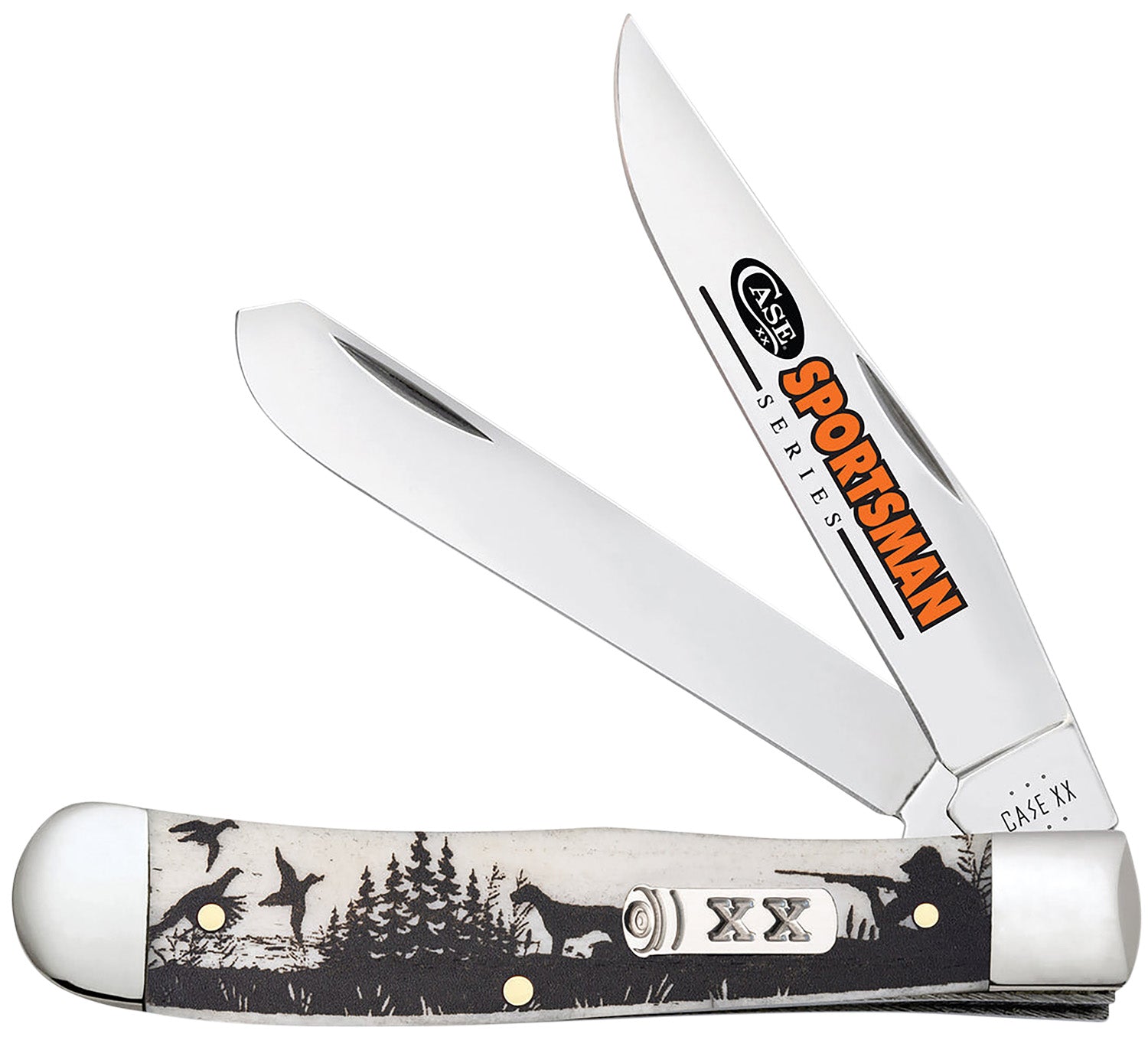 Case Trapper Sportsman Folding Pocket Knife #81224 – Clip/Spey Mirror Polished SS Blades, Bird Dog Hunter Scene Natural Bone Handle
