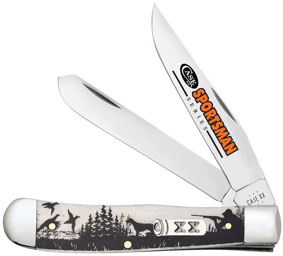 Case Trapper Sportsman Folding Pocket Knife #81224 – Clip/Spey Mirror Polished SS Blades, Bird Dog Hunter Scene Natural Bone Handle