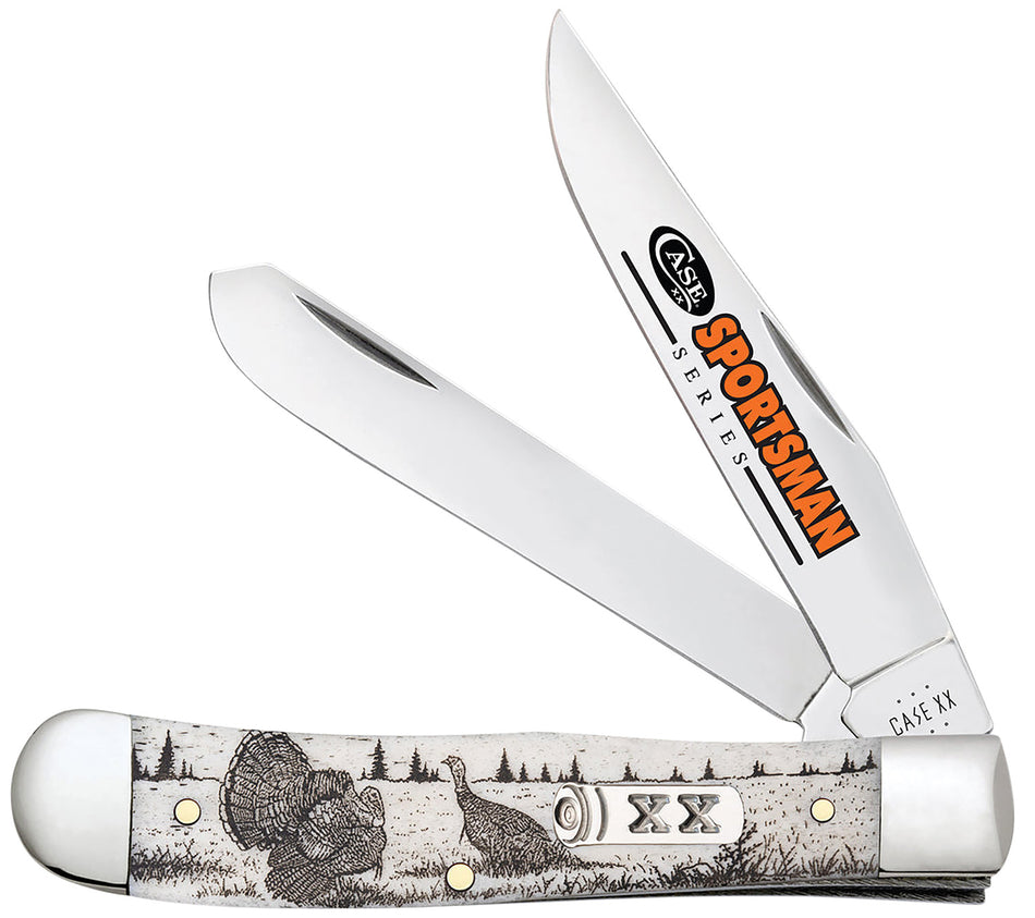Case Trapper Sportsman Folding Pocket Knife #81221 – Clip/Spey Mirror Polished SS Blades, Turkey Scene Natural Bone Handle