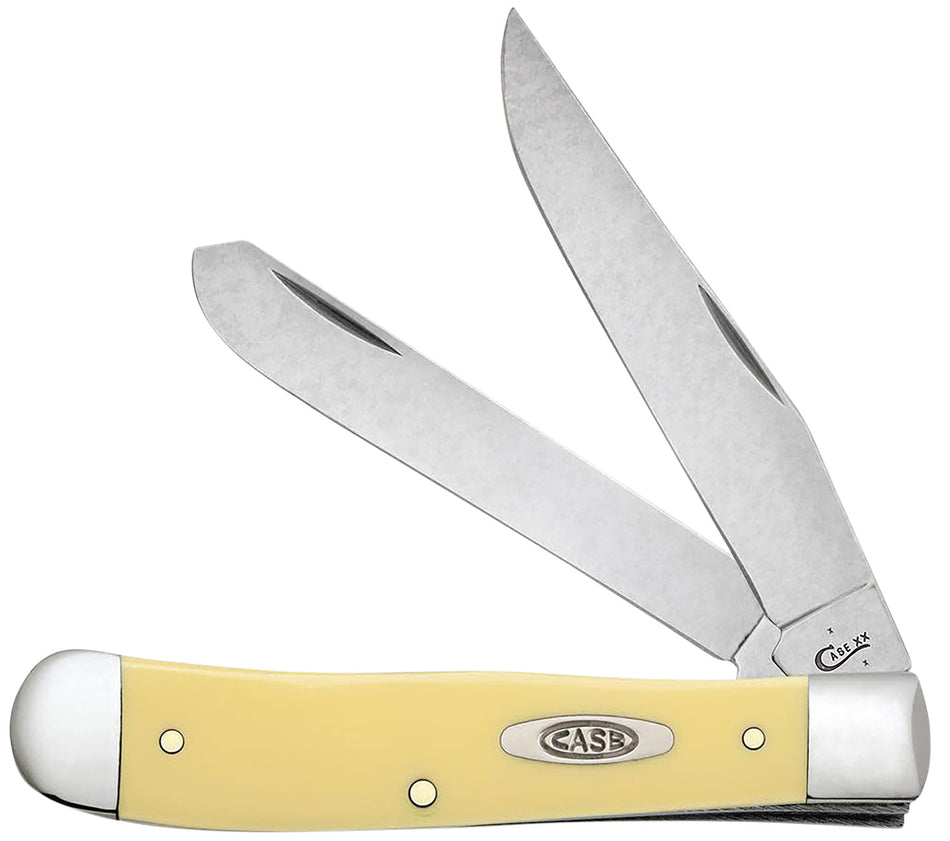 Case 30114 Yellow Synthetic Trapper Pocket Knife, Mirror Polished Carbon Steel Clip & Spey Blades