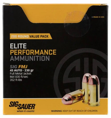 Sig Sauer .45 ACP/Auto Handgun Ammo ELITE PERFORMANCE BA FMJ FMJ Training,Target Full Metal Jacket FMJ 230 grain 