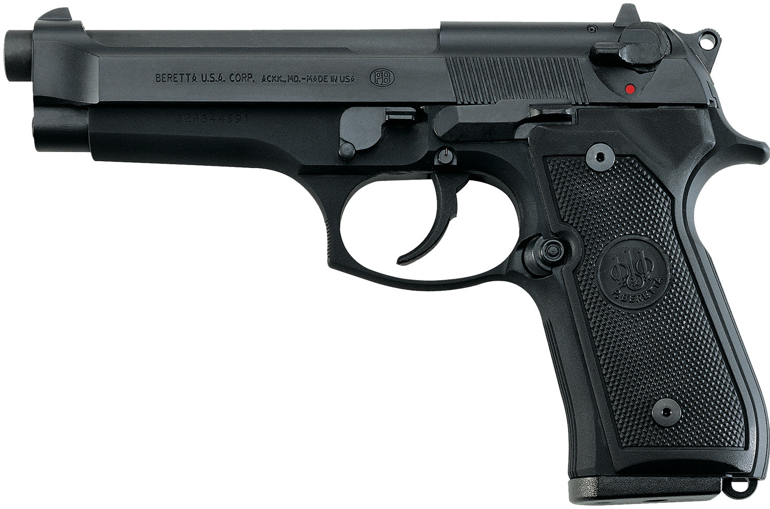 Beretta USA J92F300CA 92FS *CA Compliant Full Size Frame 9mm Luger 10+1 4.90" Black Steel Barrel, Black Bruniton Serrated Steel Slide, Black Bruniton Aluminum Frame w/Beavertail, Ambidextrous, US Made