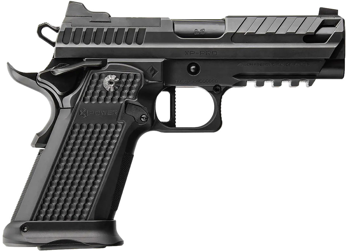 Fusion Firearms XP9BLK XP Pro 9mm Luger 17+1 4" Black Tennifer Bull Barrel, Black Optic Cut/Serrated/Vent Cut Slide, Black Steel Frame w/Beavertail & Picatinny Rail, Black Aluminum Grip