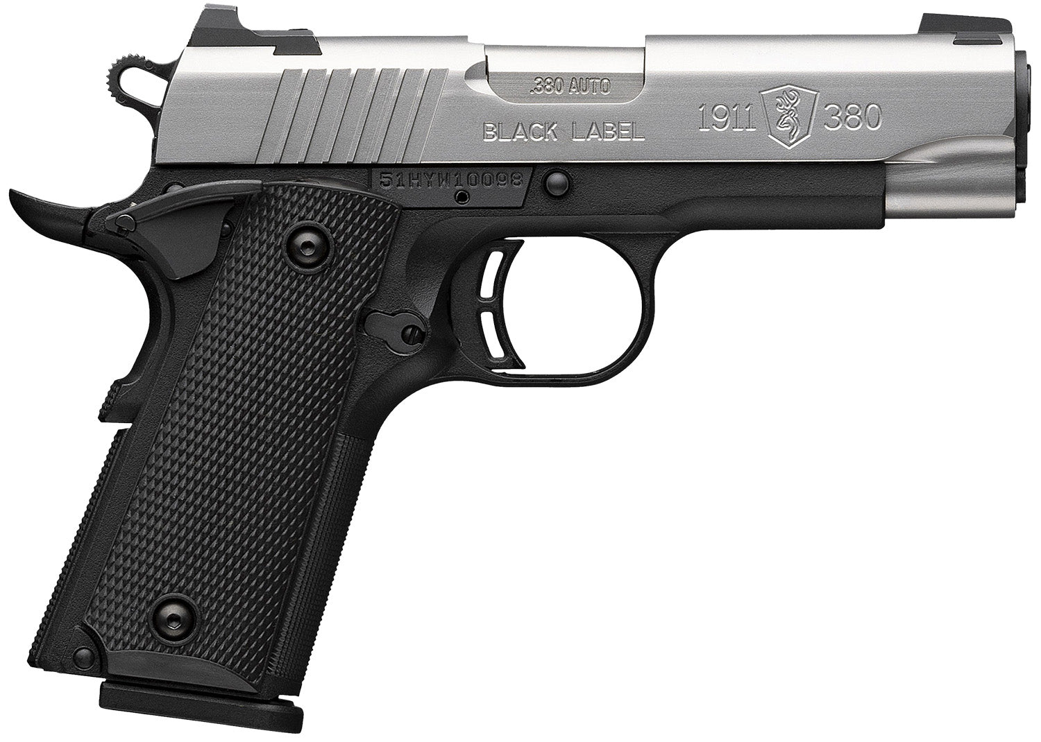 Browning 051119492 1911 Black Label Compact 380 ACP 8+1 3.63" Stainless Steel Barrel, Satin Stainless Steel Serrated Slide, Matte Black Polymer Frame, Black Polymer Grip