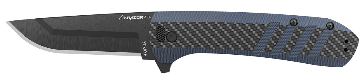 Outdoor Edge VX430CC Razor VX4 Folding 3" Plain Blade Knife, Carbon Fiber & Blue Handle